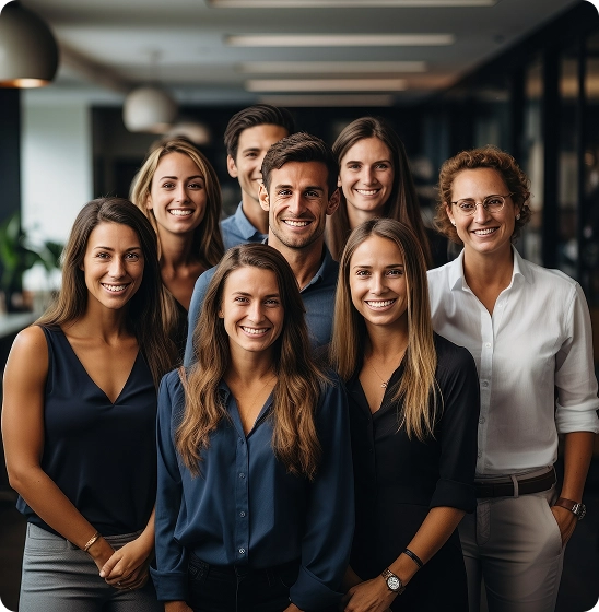 Şık mavi, beyaz, gri ve siyah iş kıyafetleri giymiş, gülümseyen sekiz kadın ve erkekten oluşan profesyonel bir uzman ekibi, aydınlık bir ofiste, nötr, bulanık bir arka plan ve yeşil bitkilerle çevrili bir ortamda grup fotoğrafı için poz veriyor.