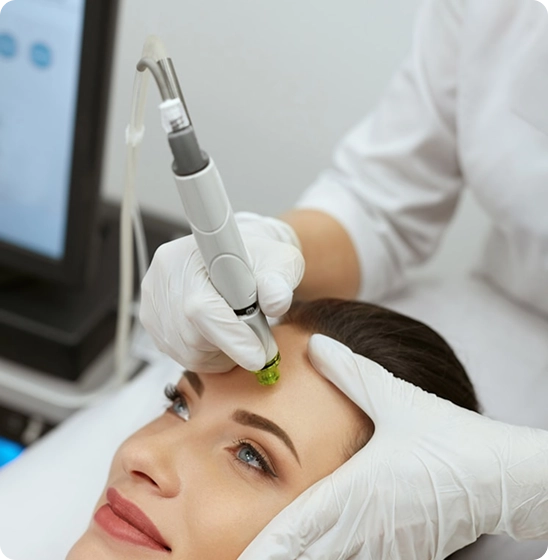 Modern bir güzellik salonunda, beyaz eldiven giyen profesyonel bir güzellik uzmanı, genç bir kadının alnına Dermapen mikroiğneleme uygulaması yapıyor.